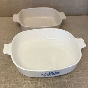 Vintage Corningware Casserole 9” White Blue Cornflower Print & 7.5” Plain Beige